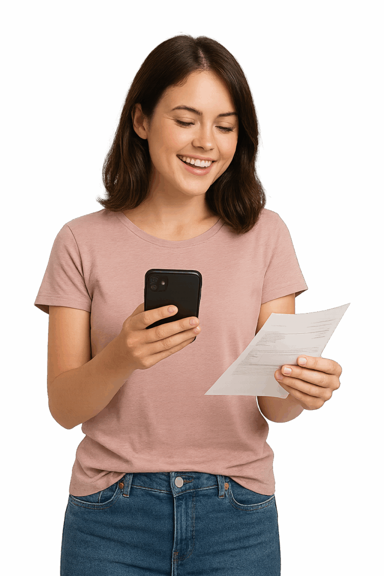 Mulher sorrindo com celular e documento